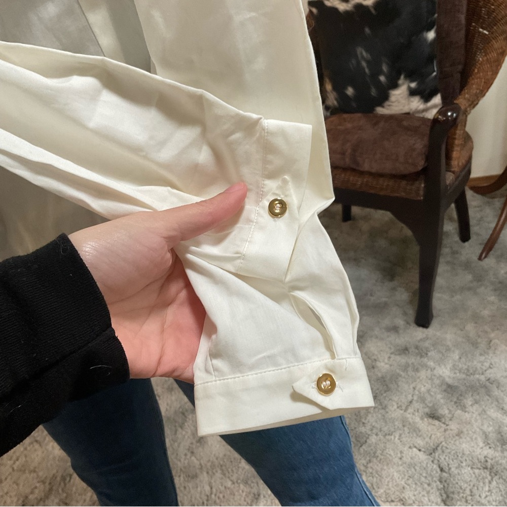 Anne Fontaine Reno Ruffled White Button Down Shirt Blouse with Gold Buttons - Picture 4 of 10